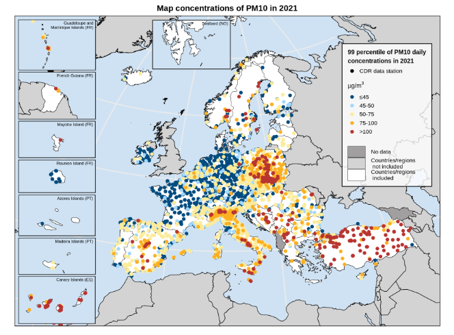 Mapa Europy dzienne stężenie PM2,5 2021