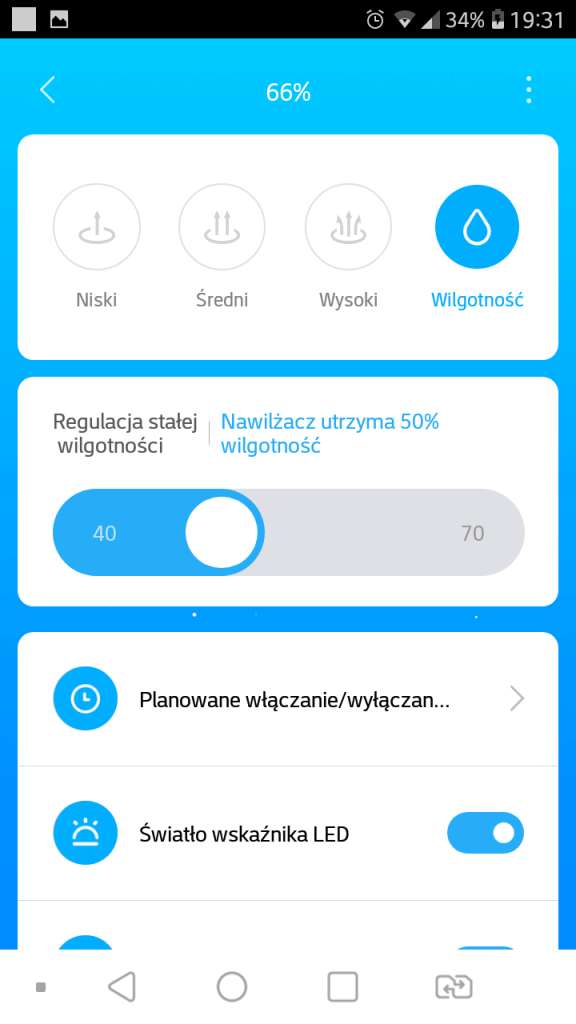 Wybór trybu pracy w aplikacji Xiaomi Mi Home