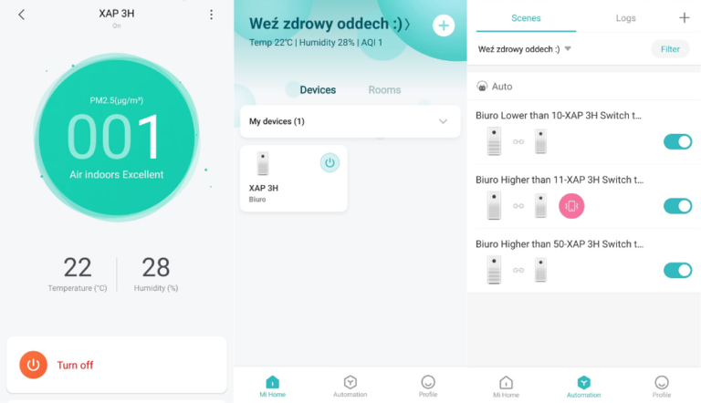 aplikacja mobilna dla oczyszczaczy Xiaomi