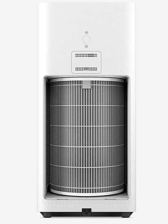 Oczyszczacz powietrza Xiaomi Air Purifier 2H na szarym tle z widocznym filtrem cylindrycznym.
