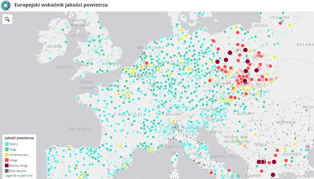 Smog w Polsce na tle Europy - mapa jakości powietrza,.
