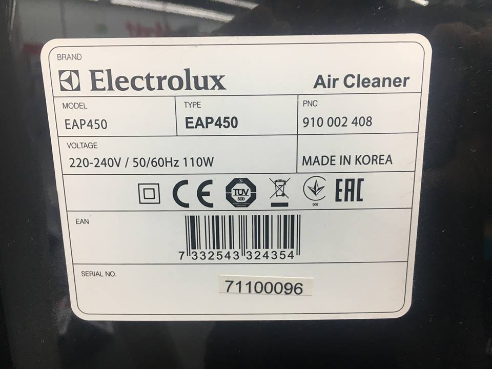 Tabliczka znamionowa oczyszczacza Electrolux EAP450