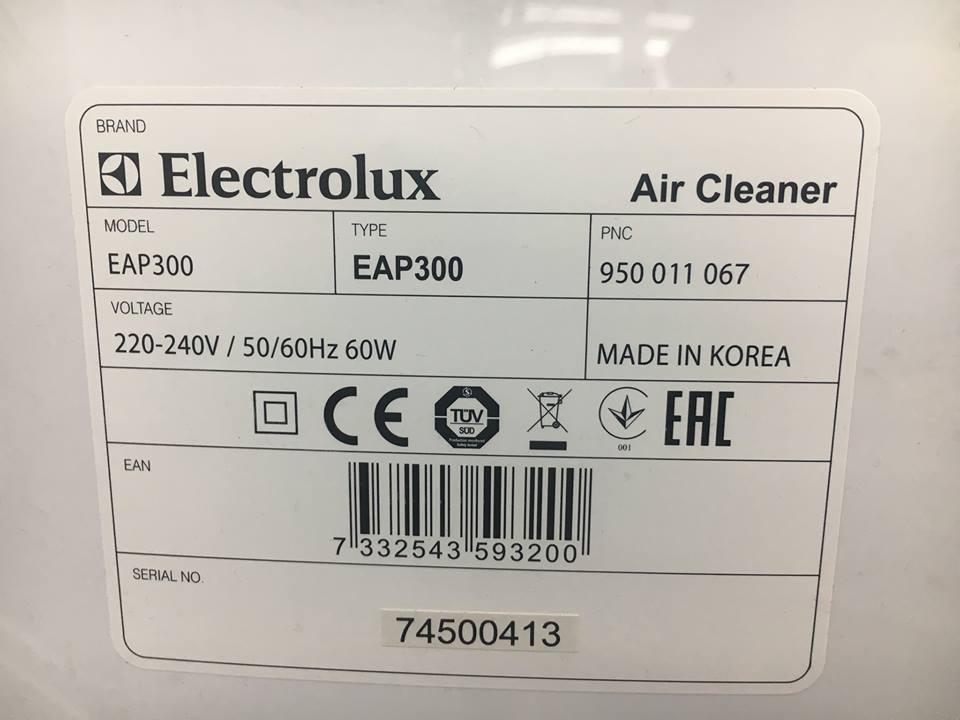 Tabliczka znamionowa oczyszczacza Electrolux EAP300