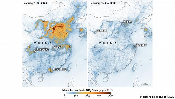 Zdjęcia NASA ukazujące zanieczyszczenie tlenkiem azotu przed i w trakcie trwania epidemii w Chinach
